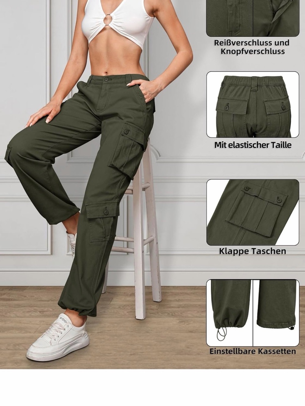 Women's Cargo Pants - Olive Green - Picture 2 of 6